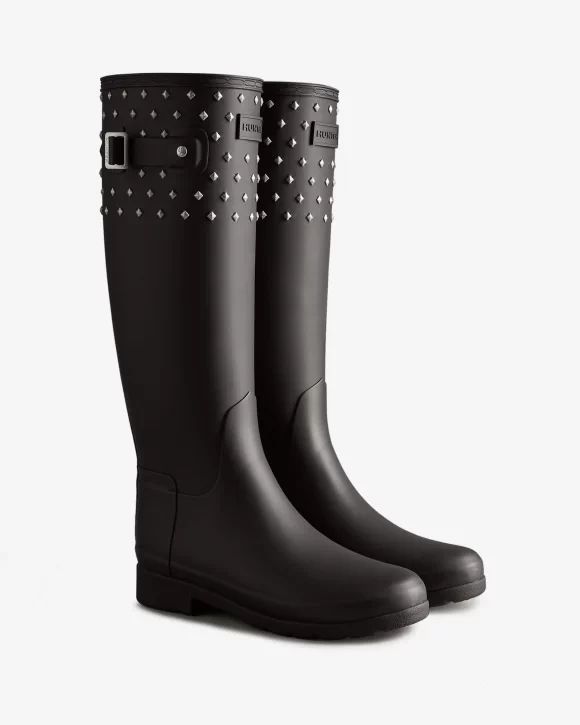 Hunter-Women's Refined Slim Fit Tall Stud Cuff Rain Boots-Black
